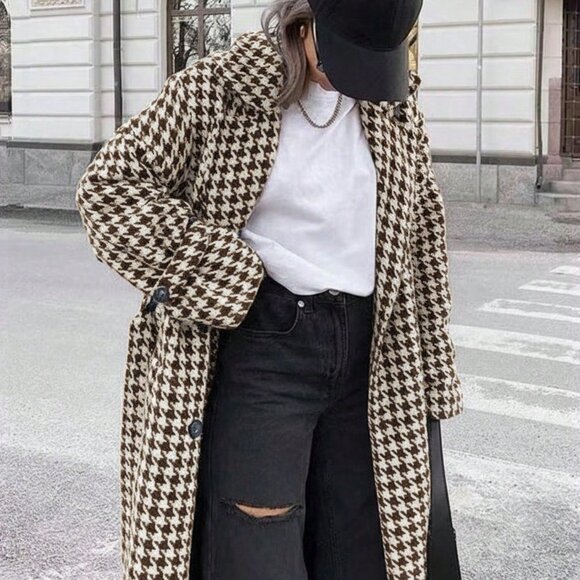 Houndstooth Casual Women's belted long trench Coat - Picture 6 of 6